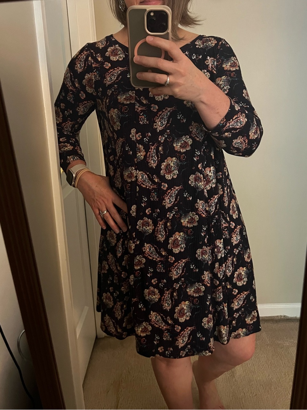 Navy Floral Swing Dress - Women's Casual 3/4 Sleeve